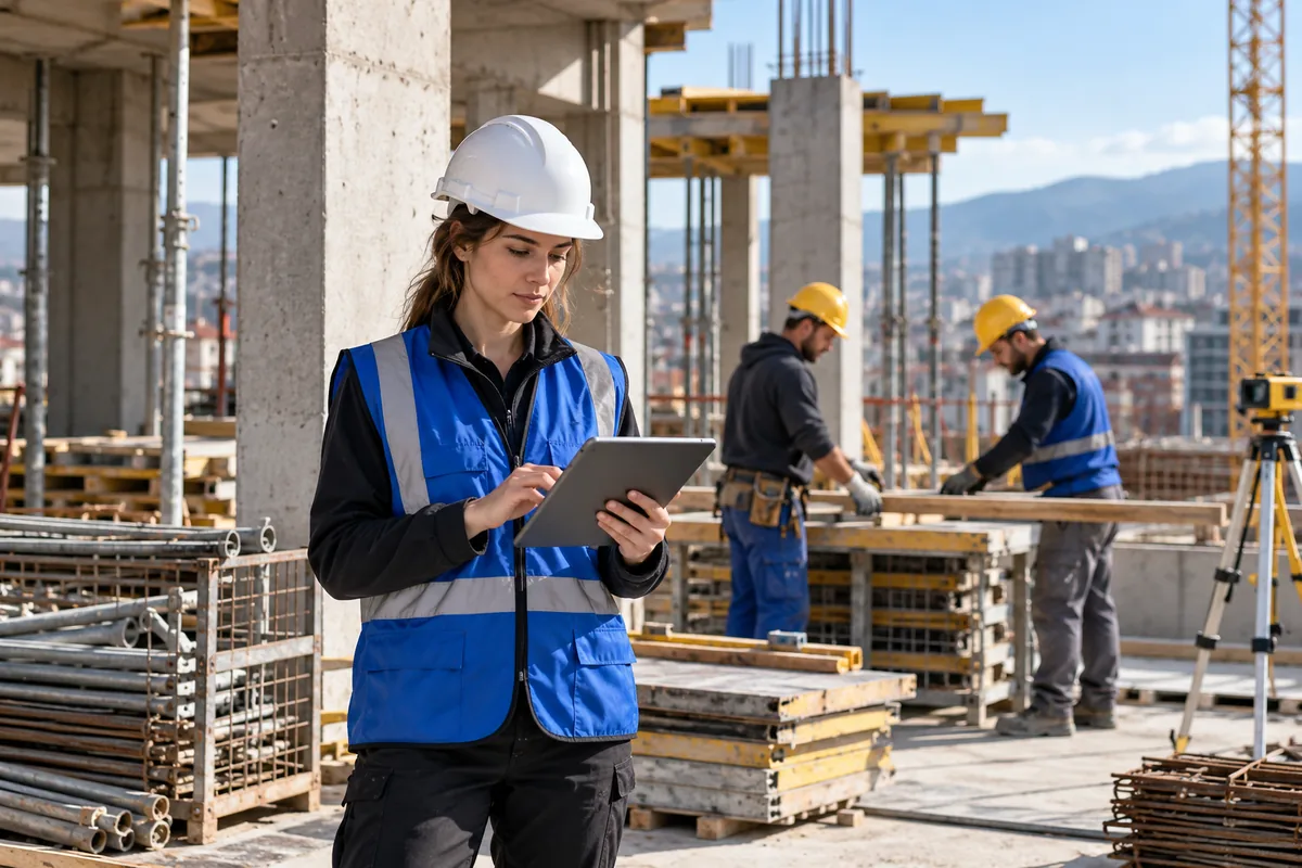 Menaxher kantieri me tablet dhe ekip ndërtimi në terren